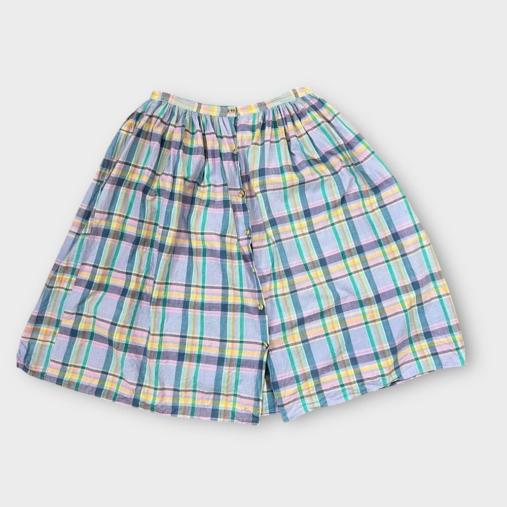 80s pastel plaid cotton button front knee length skirt Size 8/10 Spring Feminine